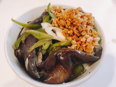 茄子とピーマンの鶏そぼろ丼☆オン・ザ卵かけご飯